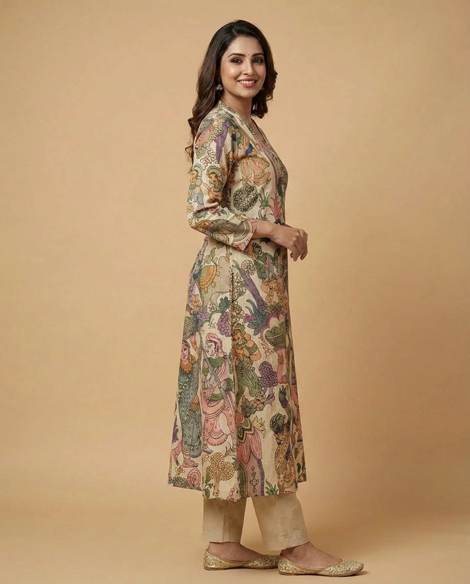 Beige Cotton Kurti Set with Floral Motif - Rangoli India