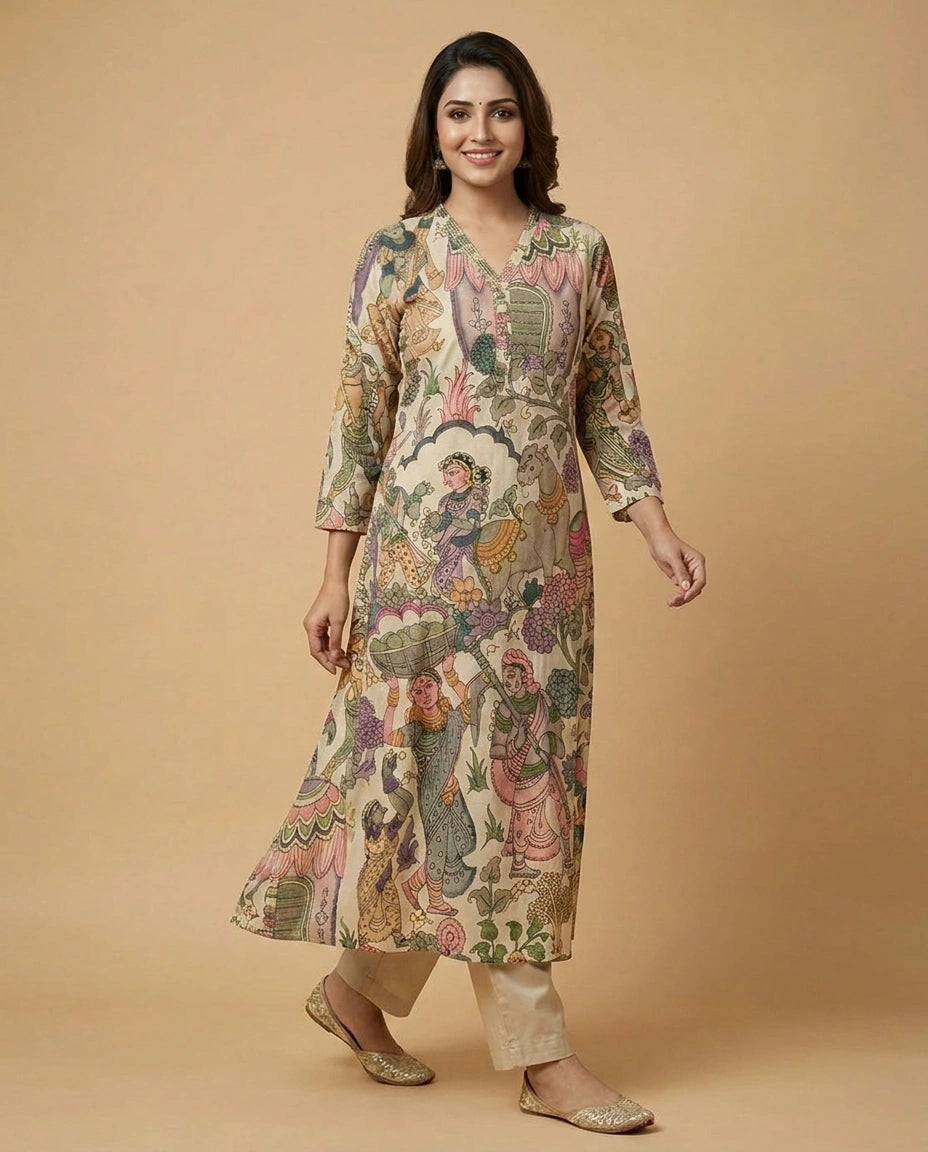 Beige Cotton Kurti Set with Floral Motif - Rangoli India