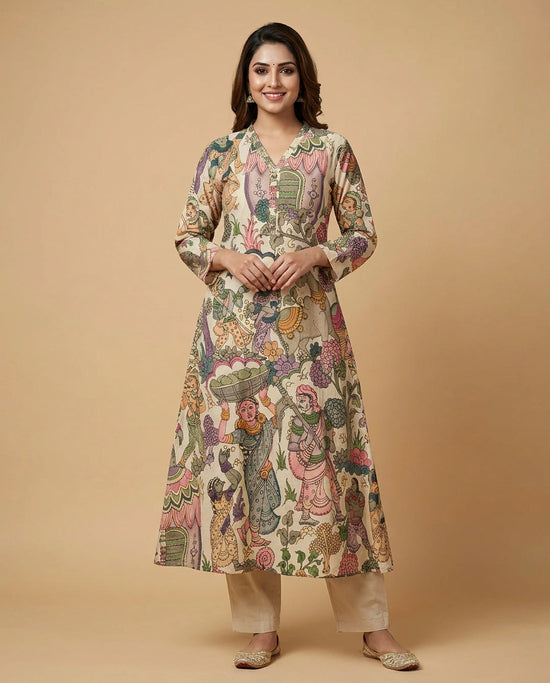 Beige Cotton Kurti Set with Floral Motif - Rangoli India