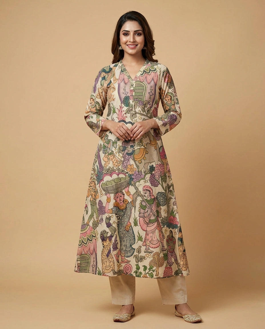 Beige Cotton Kurti Set with Floral Motif - Rangoli India