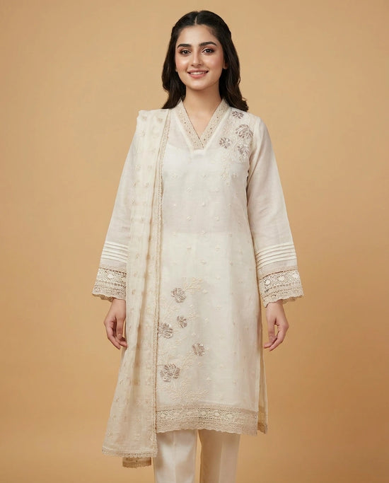 Off White Straight Suit in Cotton - Rangoli India