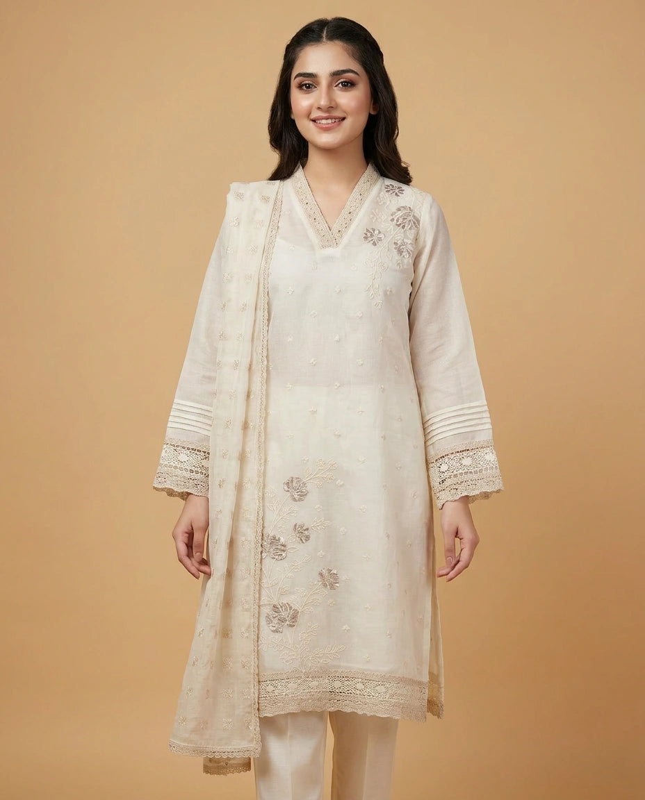 Off White Straight Suit in Cotton - Rangoli India
