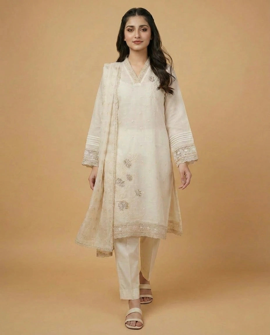 Off White Straight Suit in Cotton - Rangoli India