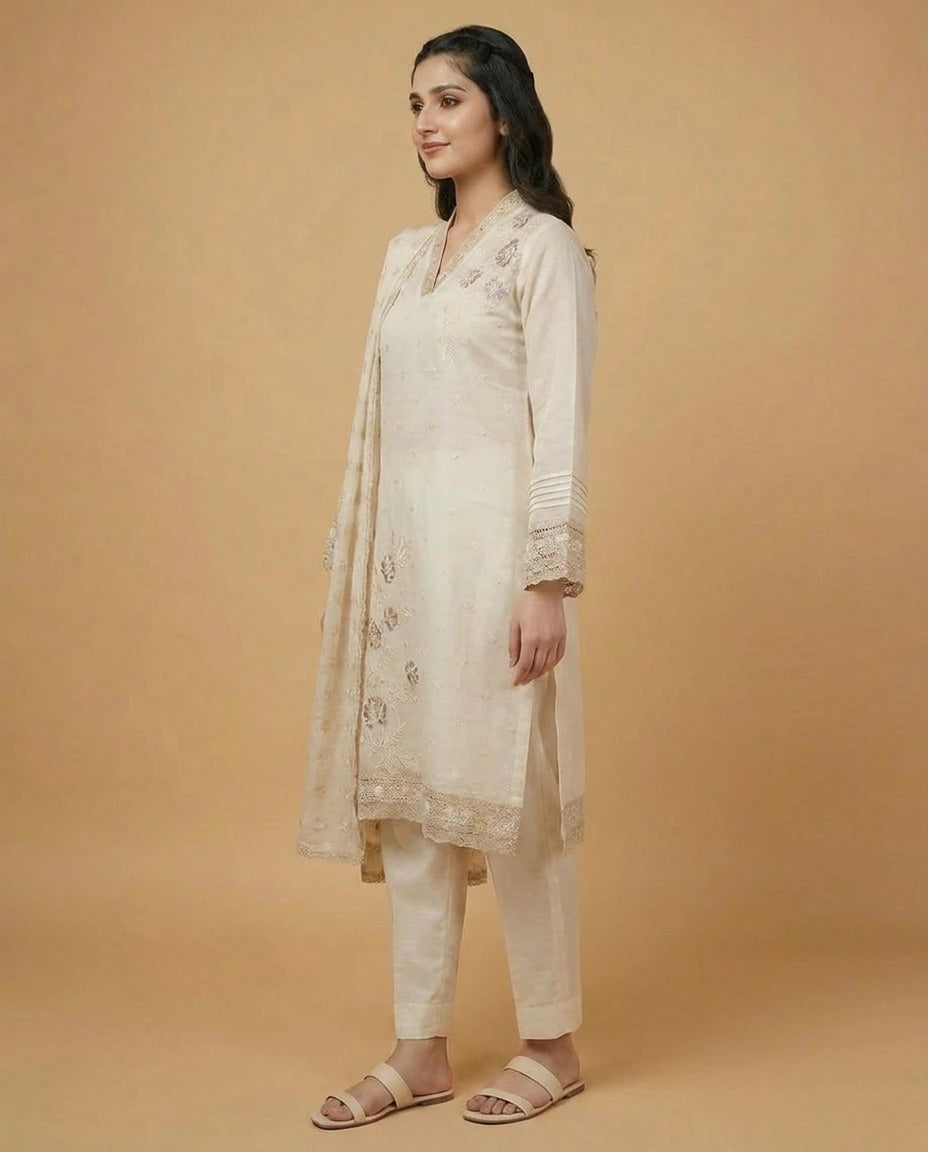 Off White Straight Suit in Cotton - Rangoli India