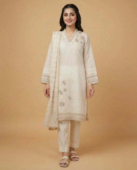 Off White Straight Suit in Cotton - Rangoli India