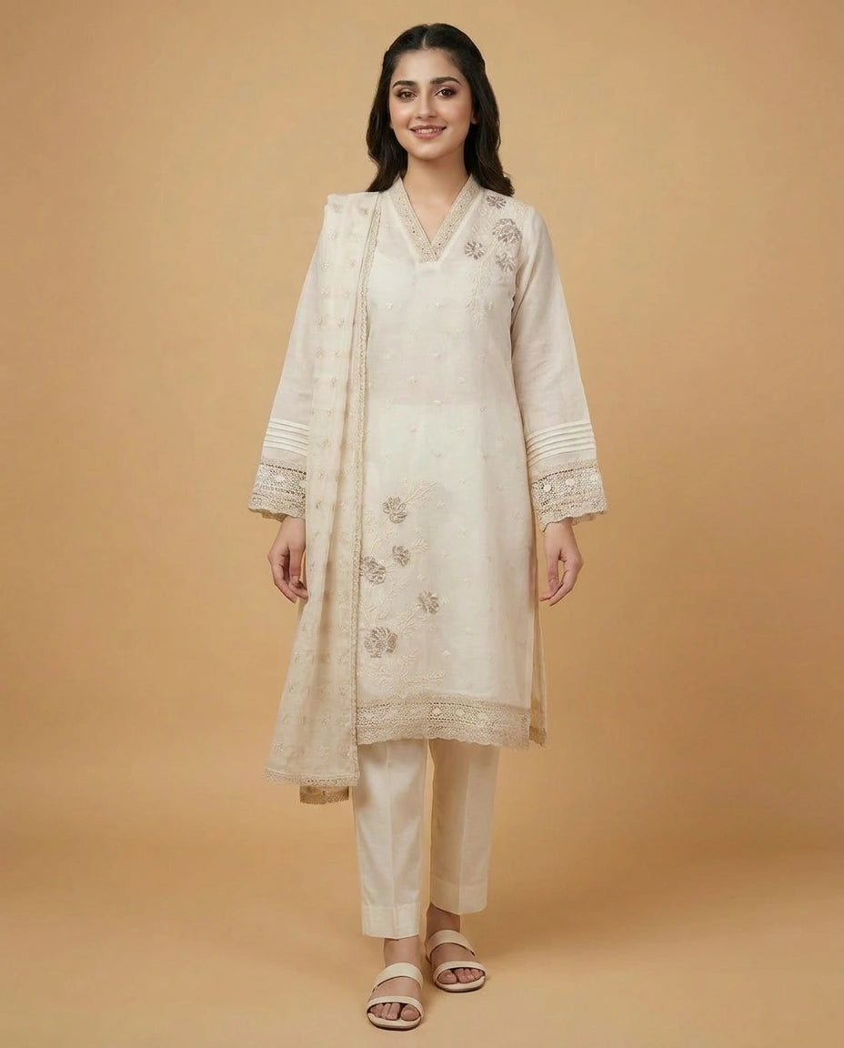 Off White Straight Suit in Cotton - Rangoli India