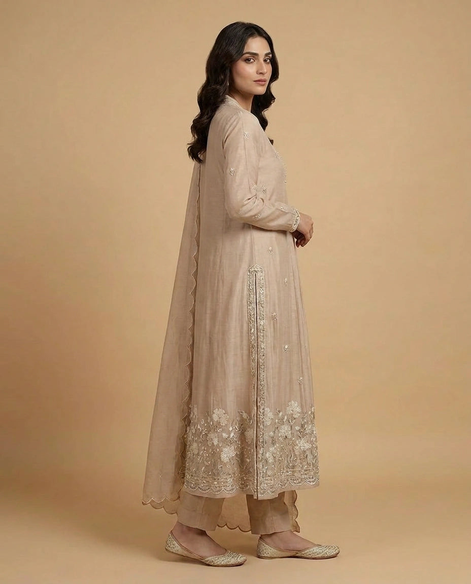 Chanderi Anarkali Suit with Contrast Embroidered Dupatta - Rangoli India