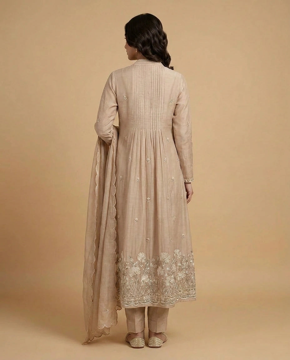 Chanderi Anarkali Suit with Contrast Embroidered Dupatta - Rangoli India