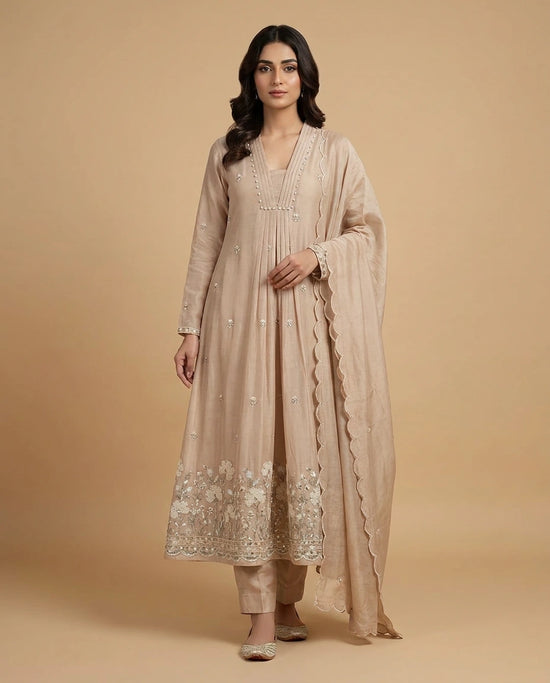 Chanderi Anarkali Suit with Contrast Embroidered Dupatta - Rangoli India