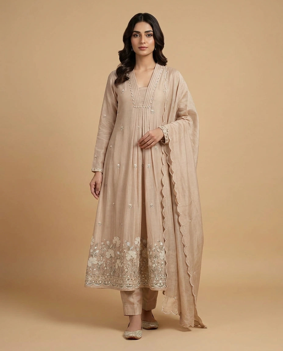 Chanderi Anarkali Suit with Contrast Embroidered Dupatta - Rangoli India