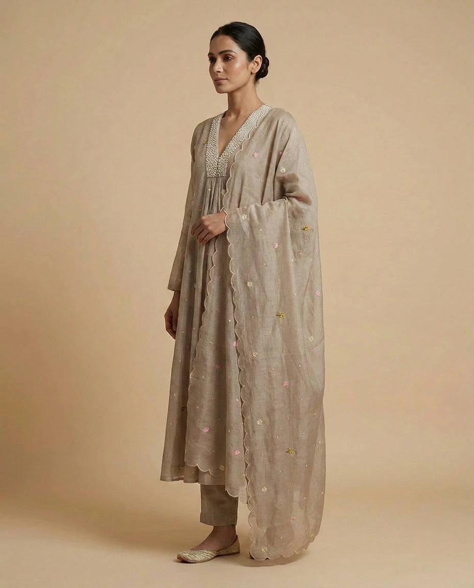 Chanderi Anarkali Suit with Hand Embroidered Neckline for Women - Rangoli India