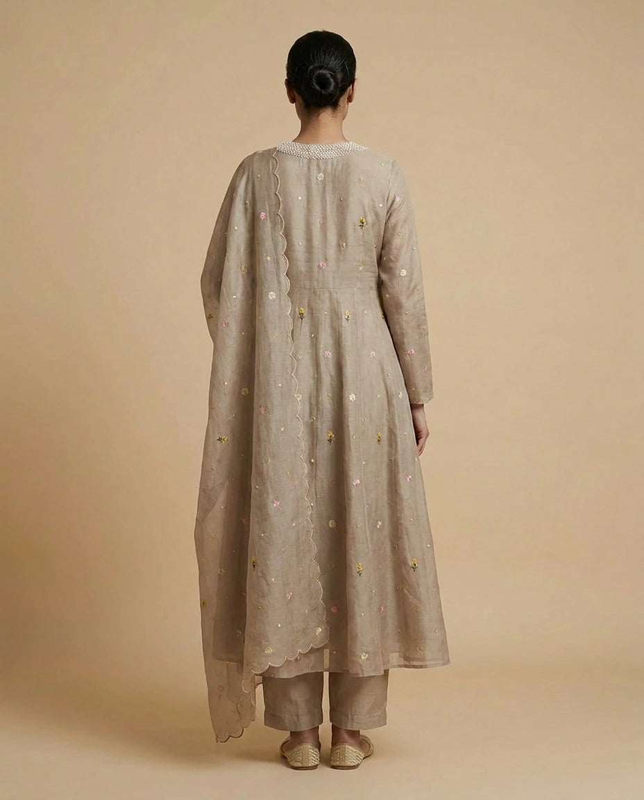 Chanderi Anarkali Suit with Hand Embroidered Neckline for Women - Rangoli India