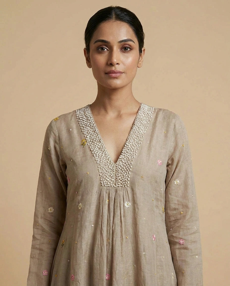 Chanderi Anarkali Suit with Hand Embroidered Neckline for Women - Rangoli India