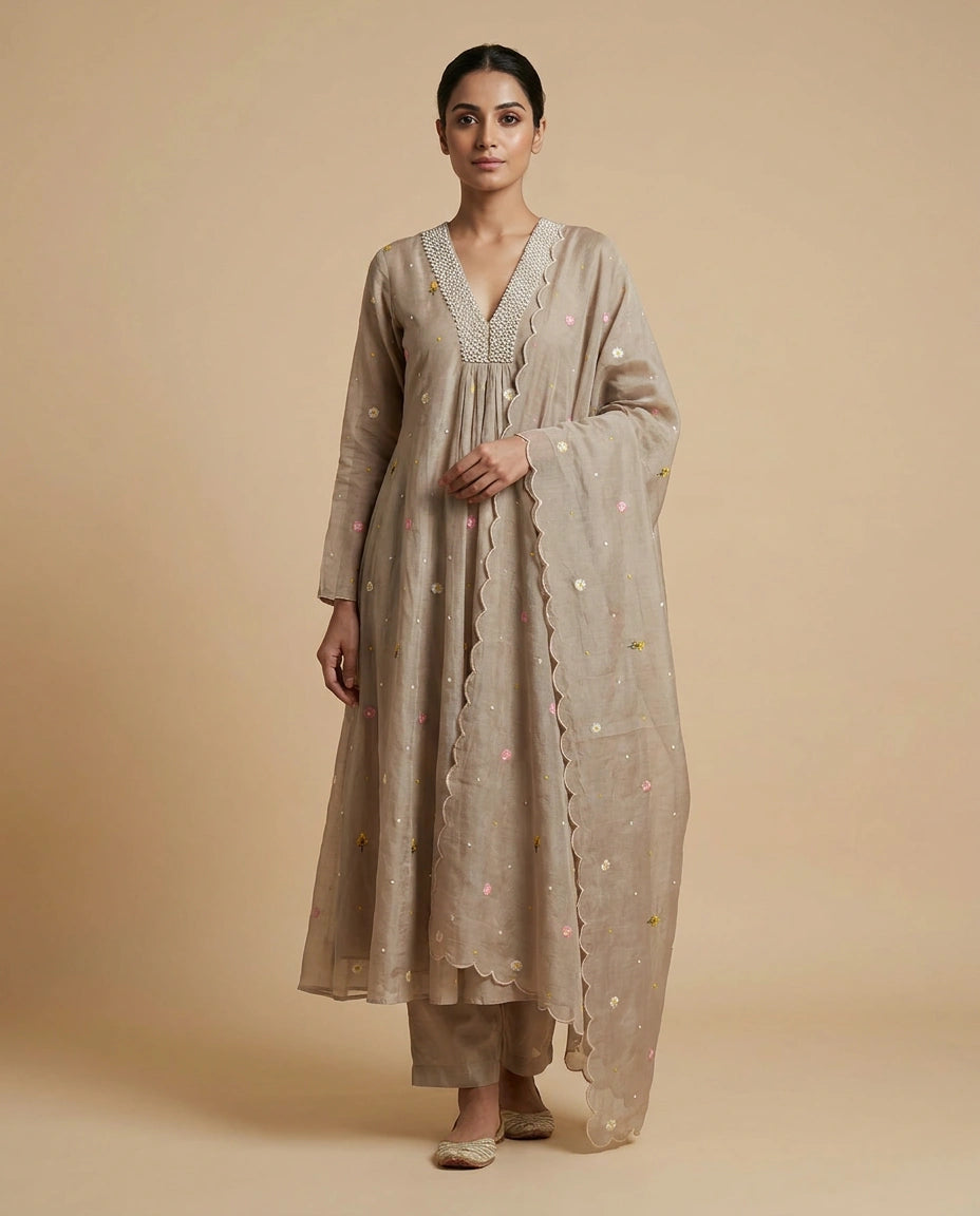 Chanderi Anarkali Suit with Hand Embroidered Neckline for Women - Rangoli India
