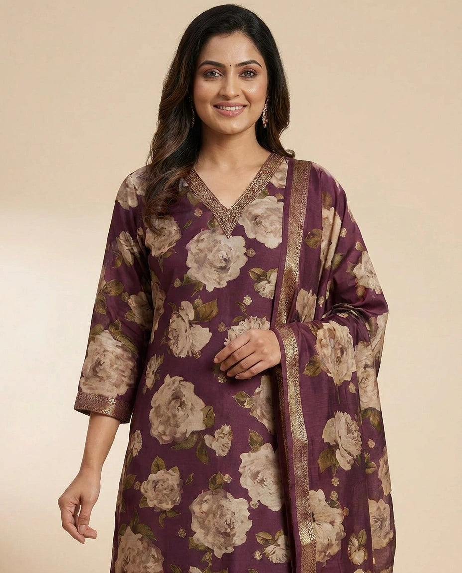 Magenta Dola Silk Straight Suit - Rangoli India