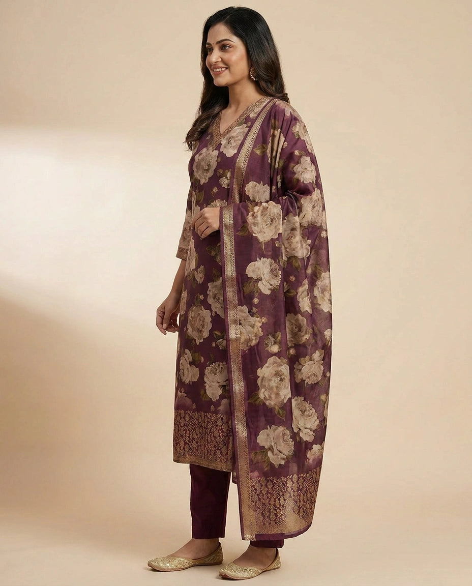 Magenta Dola Silk Straight Suit - Rangoli India