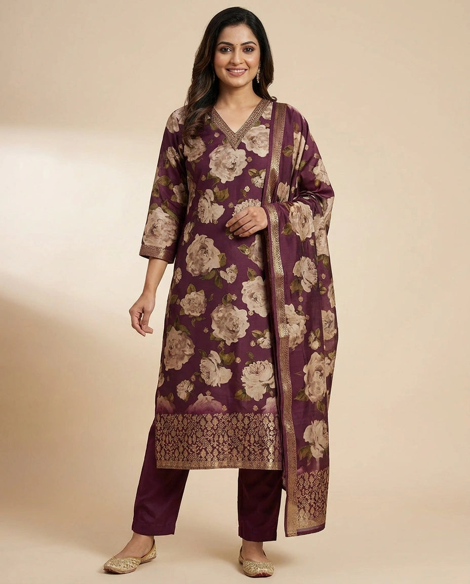 Magenta Dola Silk Straight Suit - Rangoli India