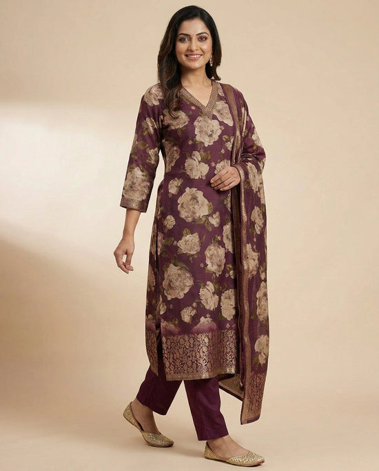 Magenta Dola Silk Straight Suit - Rangoli India