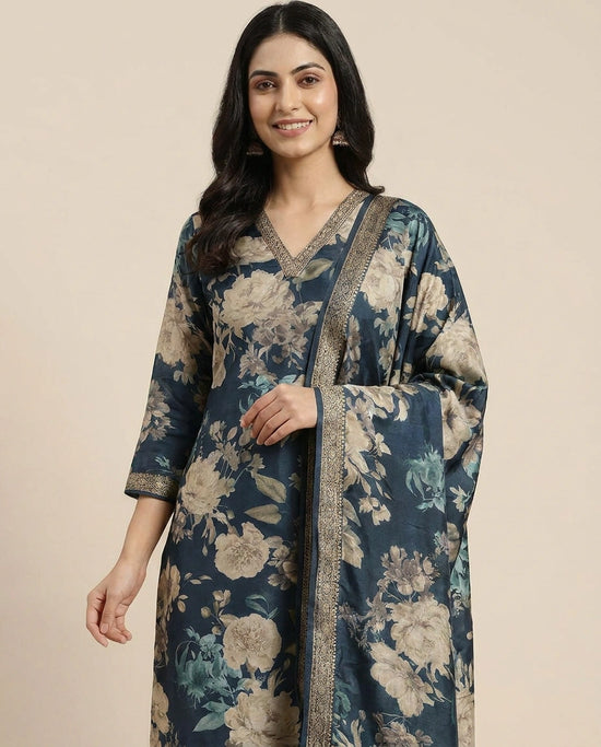Peacock Blue Dola Silk Straight Suit - Rangoli India
