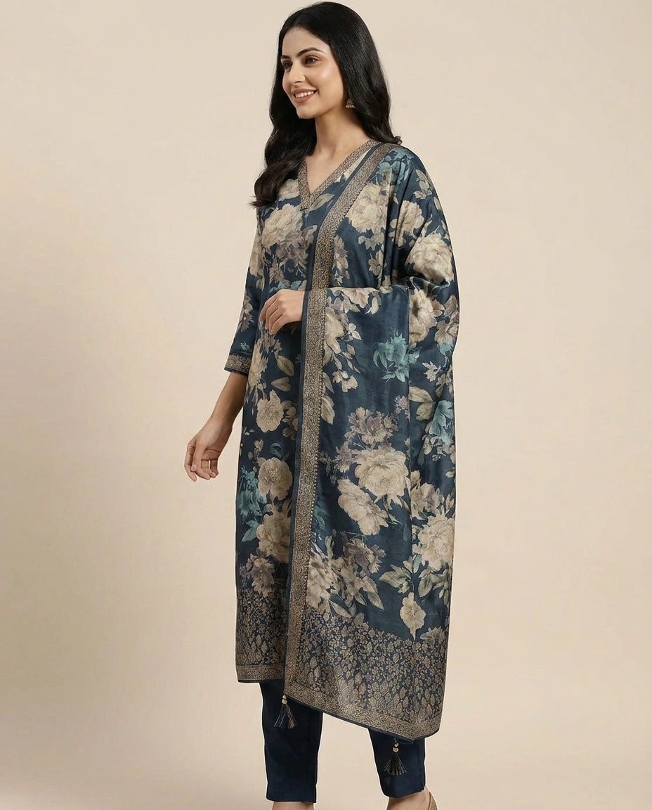 Peacock Blue Dola Silk Straight Suit - Rangoli India