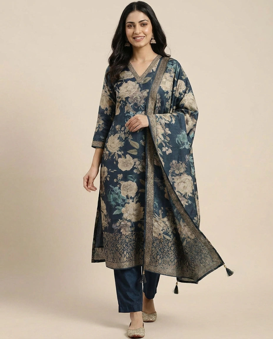 Peacock Blue Dola Silk Straight Suit - Rangoli India