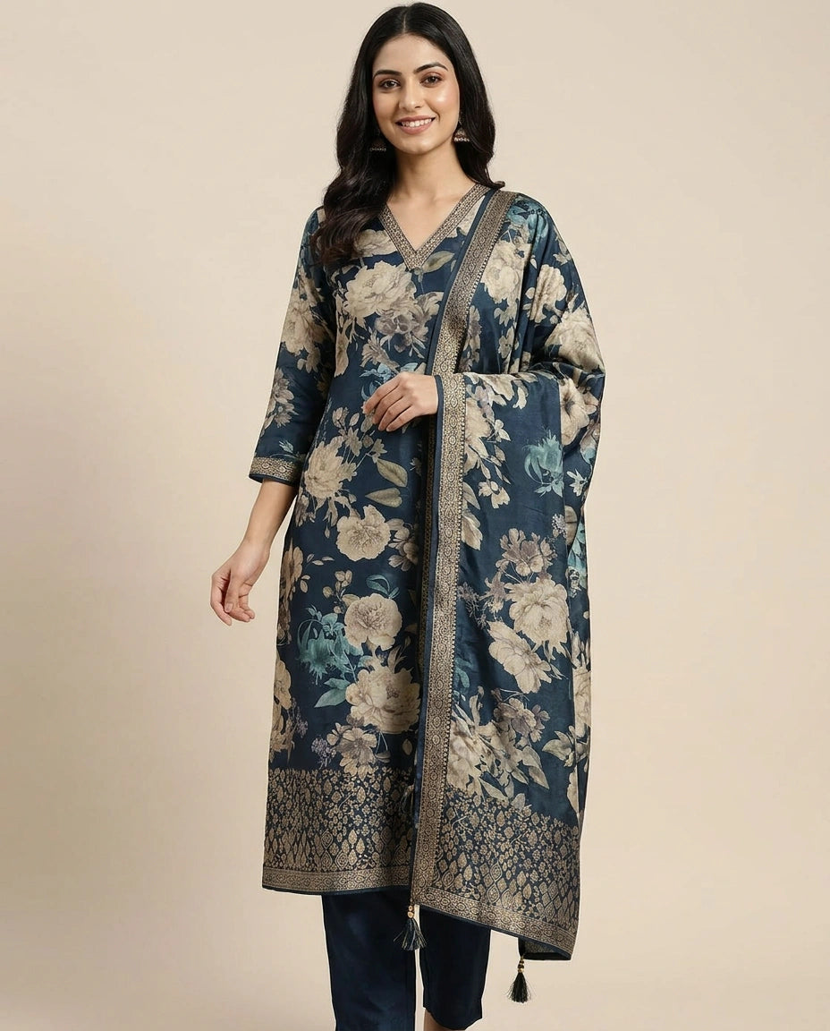 Peacock Blue Dola Silk Straight Suit - Rangoli India