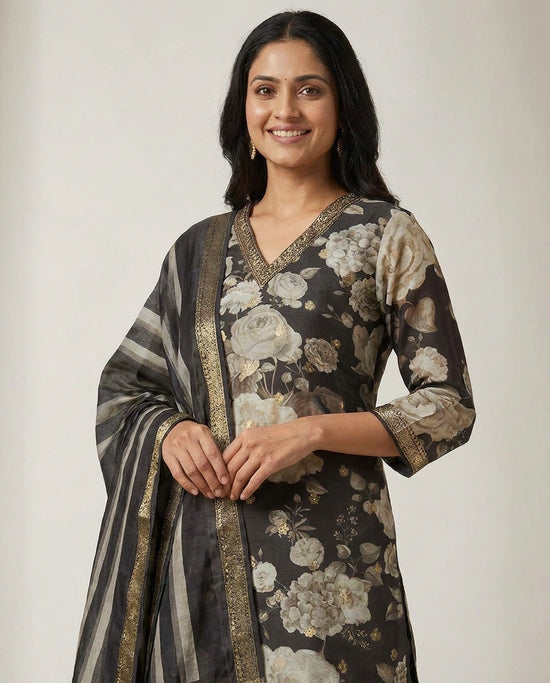 Black Dola Silk Straight Suit - Rangoli India