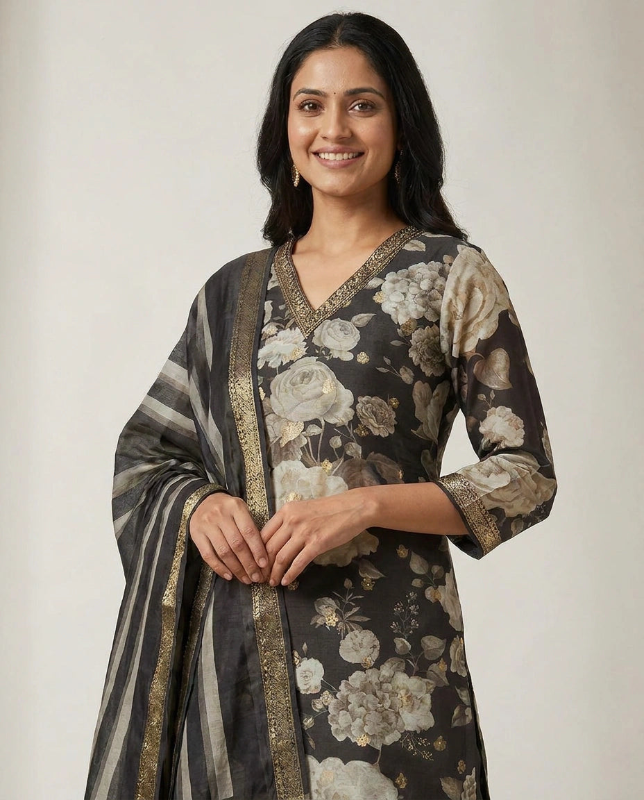 Black Dola Silk Straight Suit - Rangoli India