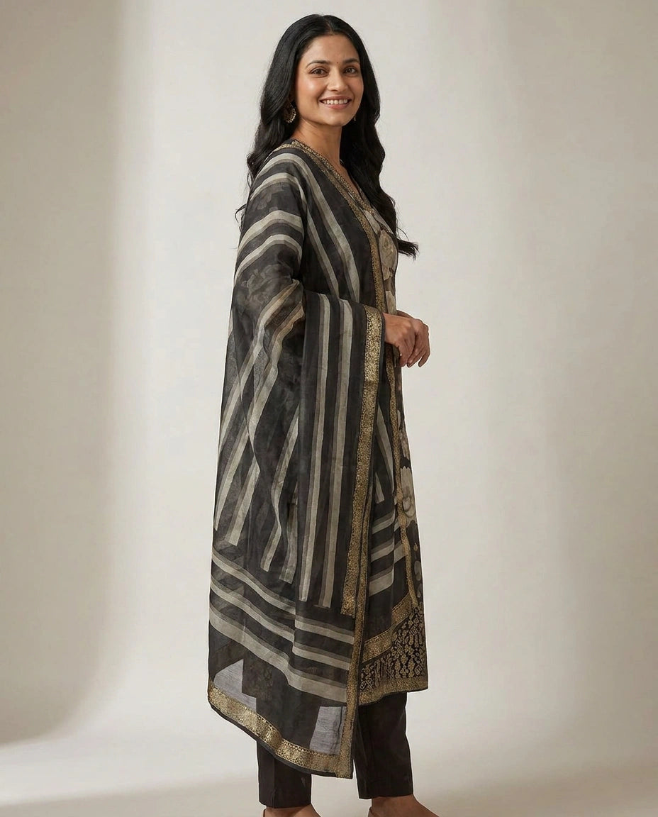 Black Dola Silk Straight Suit - Rangoli India
