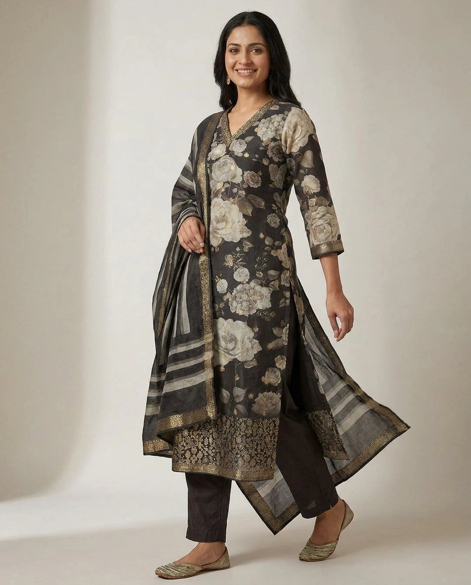 Black Dola Silk Straight Suit - Rangoli India