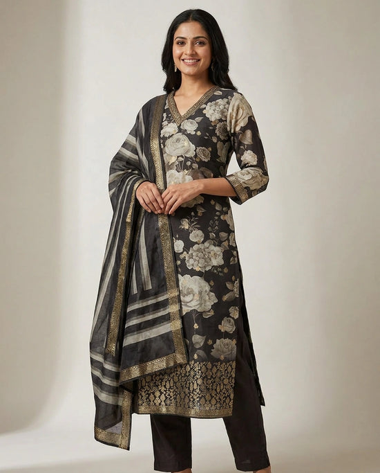 Black Dola Silk Straight Suit - Rangoli India