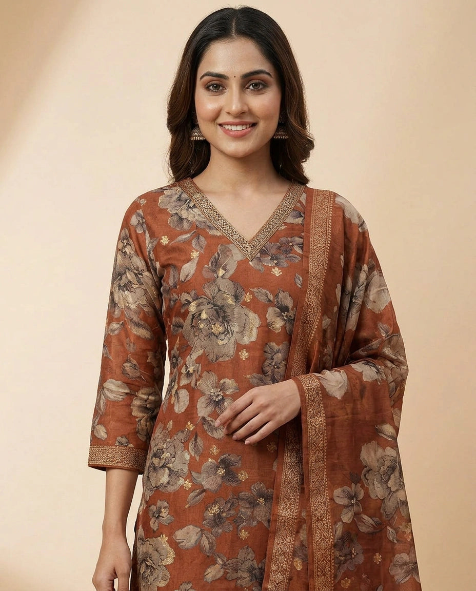 Rust Dola Silk Straight Suit - Rangoli India