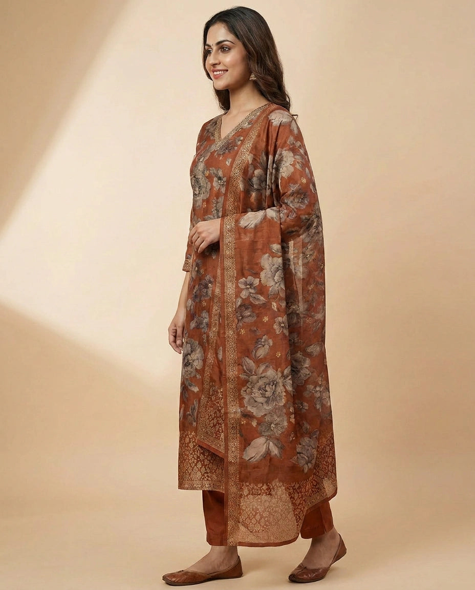 Rust Dola Silk Straight Suit - Rangoli India