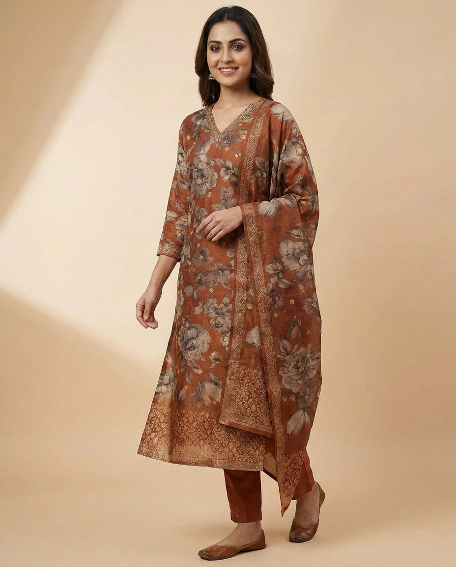 Rust Dola Silk Straight Suit - Rangoli India
