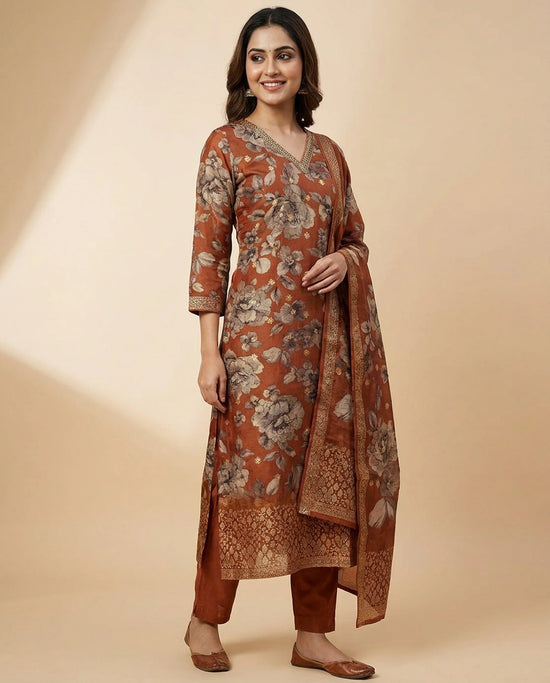Rust Dola Silk Straight Suit - Rangoli India