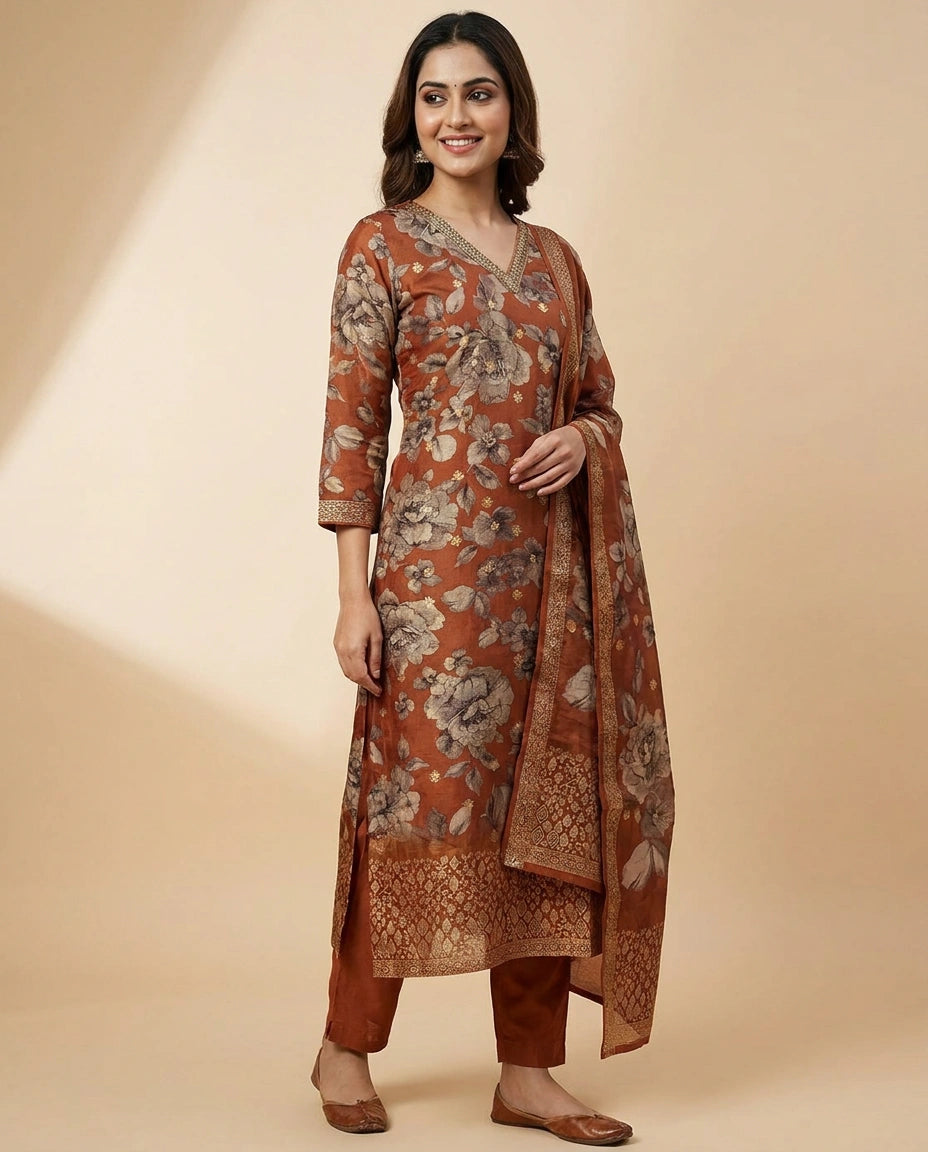 Rust Dola Silk Straight Suit - Rangoli India