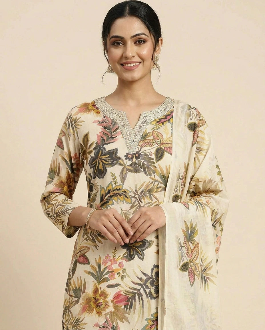 Beige Cotton Straight Suit with Floral Print - Rangoli India