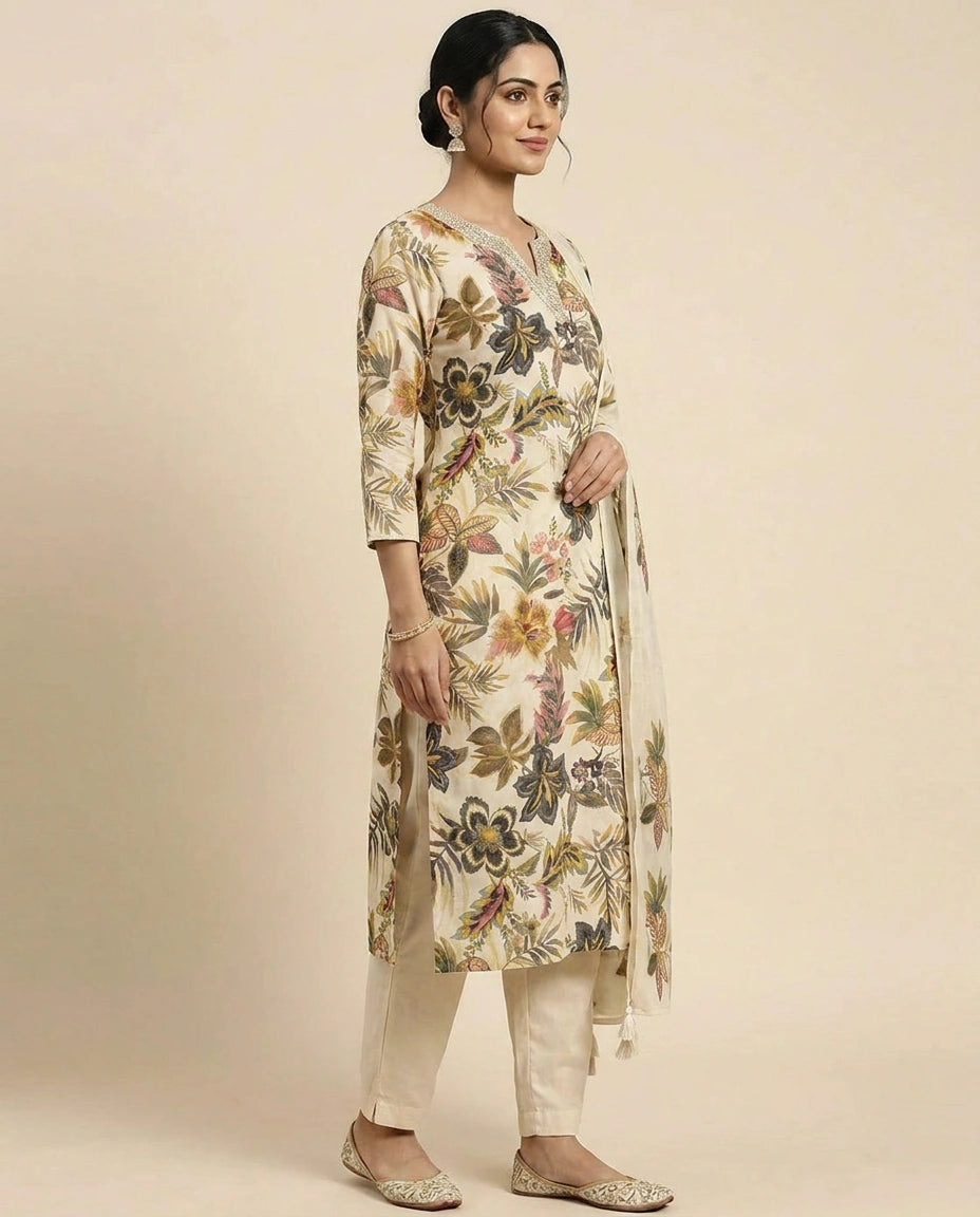 Beige Cotton Straight Suit with Floral Print - Rangoli India