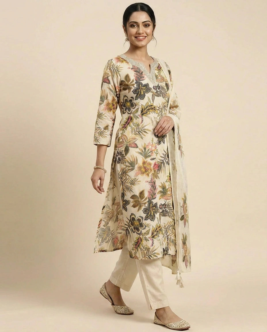 Beige Cotton Straight Suit with Floral Print - Rangoli India