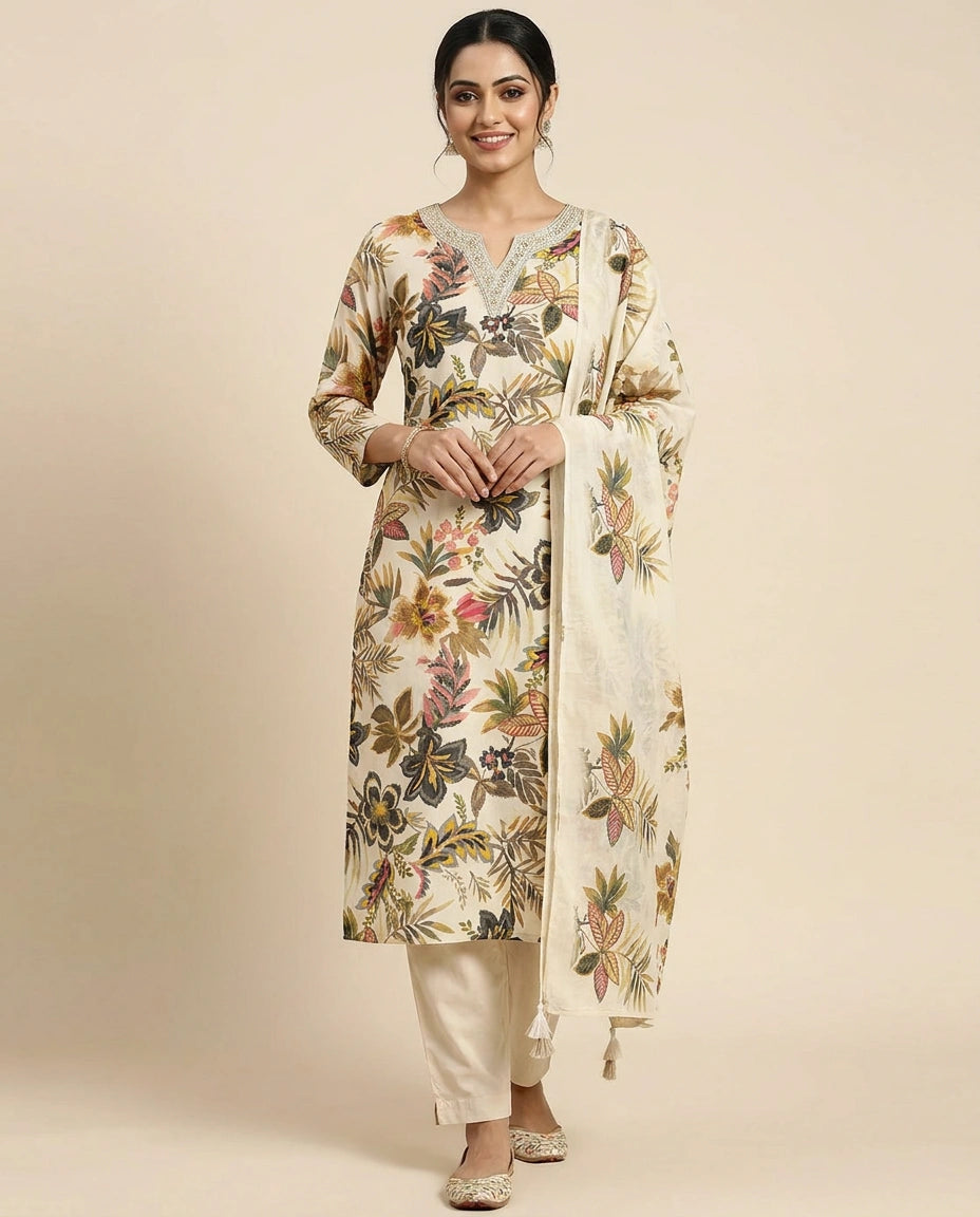 Beige Cotton Straight Suit with Floral Print - Rangoli India