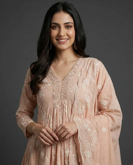 Peach Mul Chanderi A-Line Suit with Floral Detail - Rangoli India