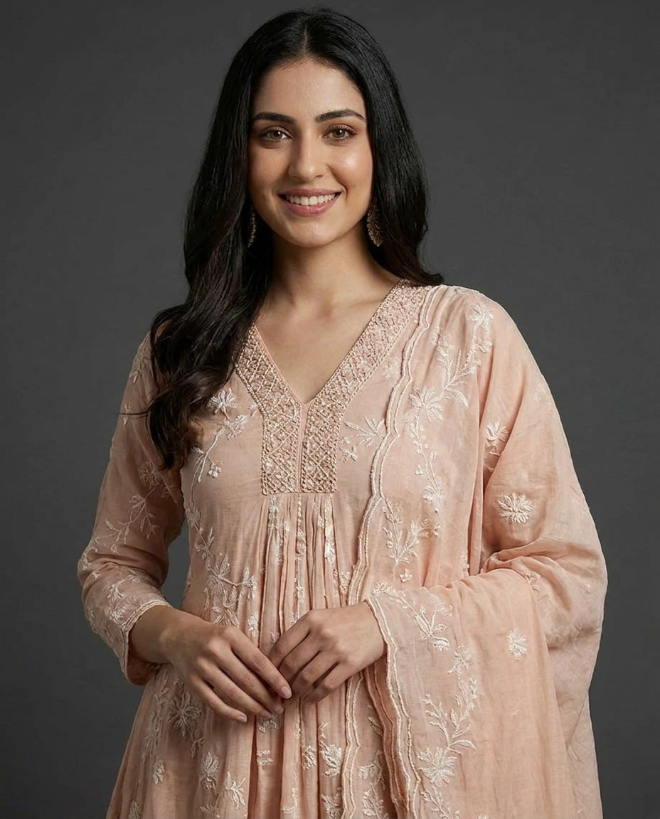 Peach Mul Chanderi A-Line Suit with Floral Detail - Rangoli India