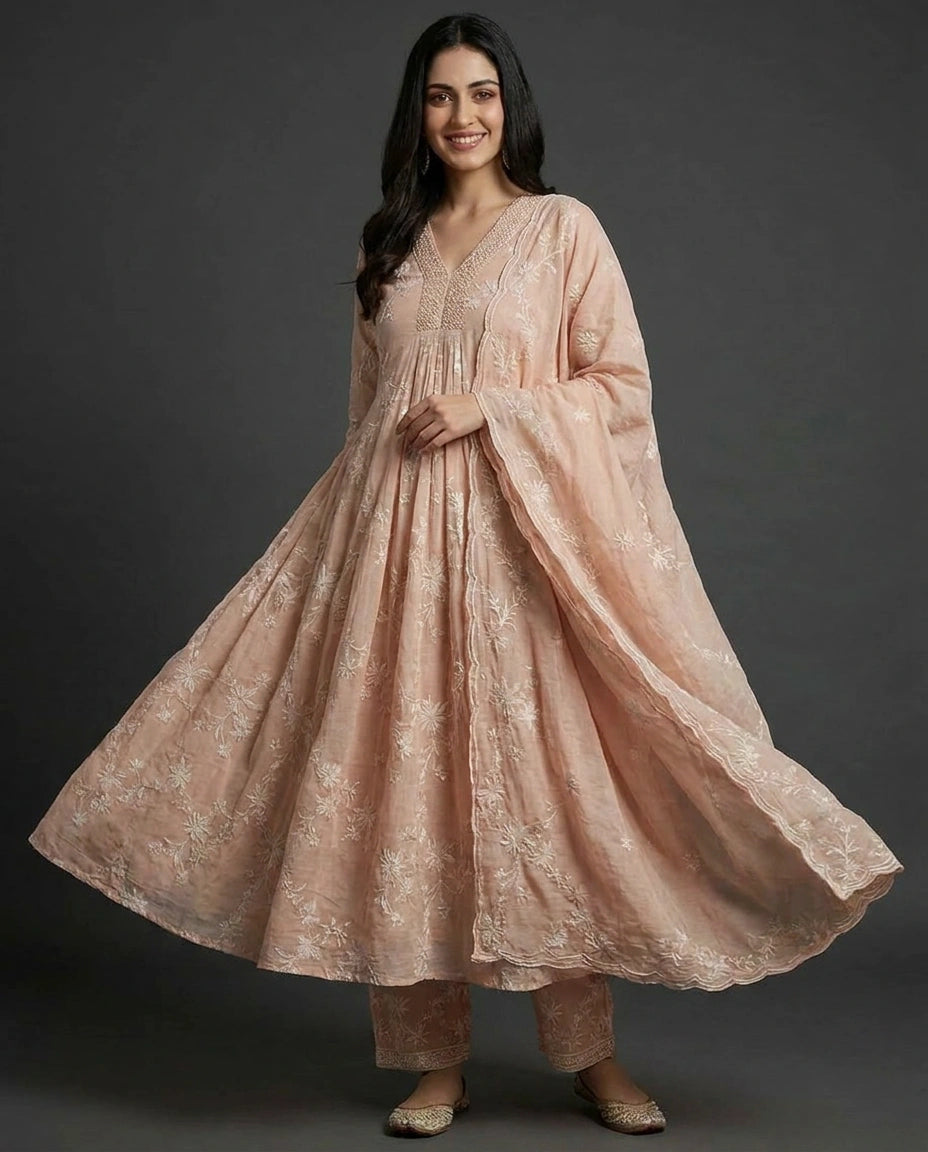 Peach Mul Chanderi A-Line Suit with Floral Detail - Rangoli India