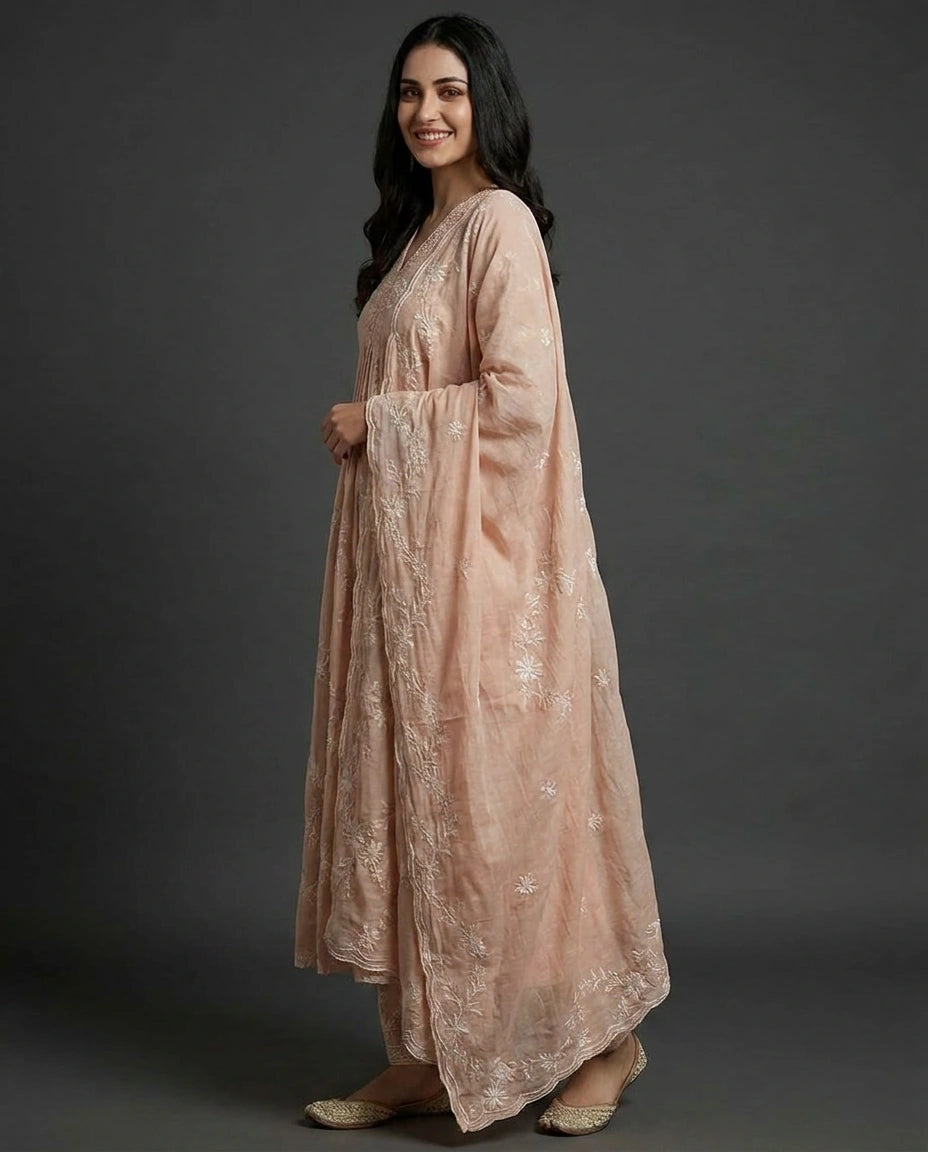 Peach Mul Chanderi A-Line Suit with Floral Detail - Rangoli India