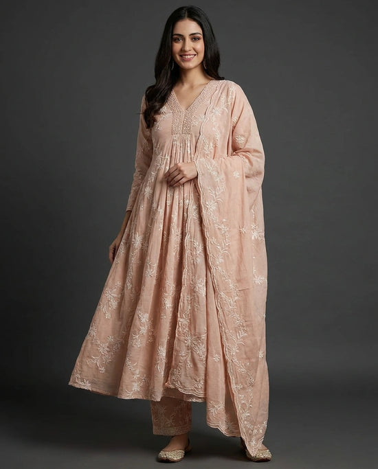 Peach Mul Chanderi A-Line Suit with Floral Detail - Rangoli India