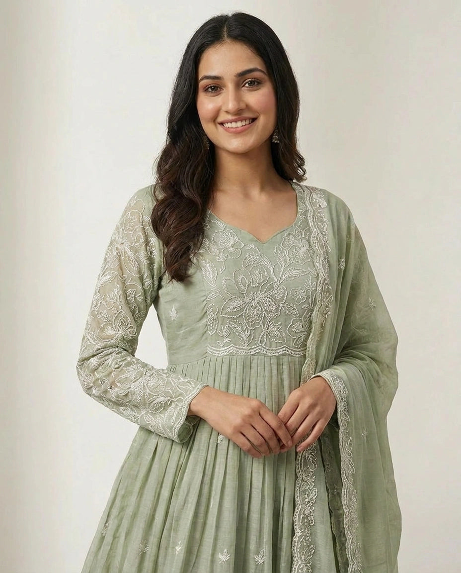 Sea Green Mul Chanderi A-Line Suit with Floral Print - Rangoli India