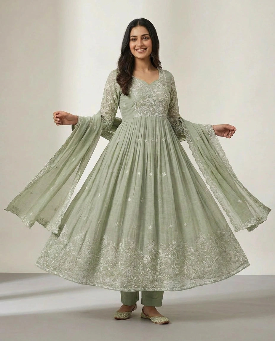 Sea Green Mul Chanderi A-Line Suit with Floral Print - Rangoli India