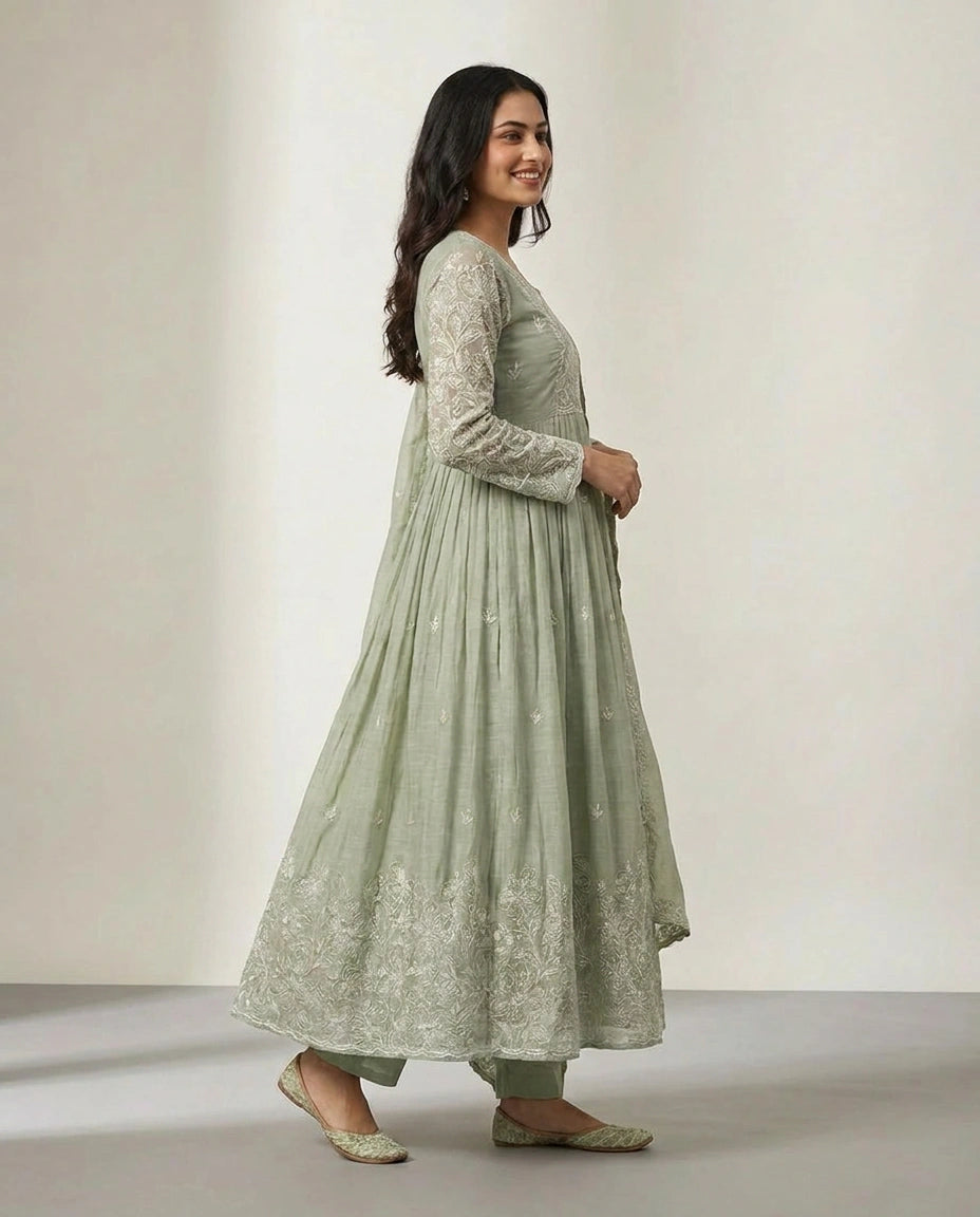 Sea Green Mul Chanderi A-Line Suit with Floral Print - Rangoli India