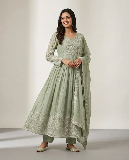 Sea Green Mul Chanderi A-Line Suit with Floral Print - Rangoli India