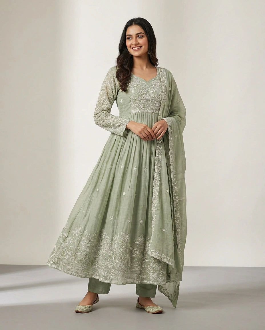 Sea Green Mul Chanderi A-Line Suit with Floral Print - Rangoli India